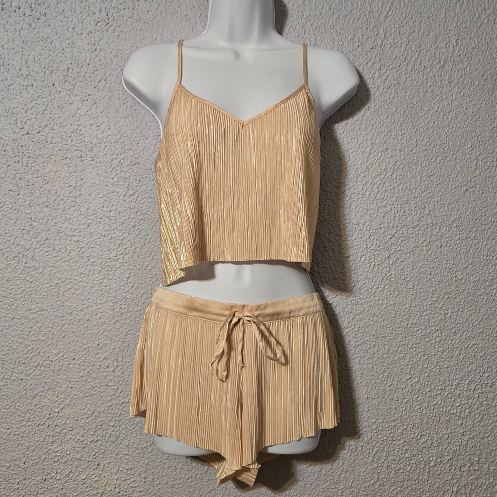 Victoria's Secret Pleated Cami Shorts Pajama Set XS Gold Metallic Coquette Glam